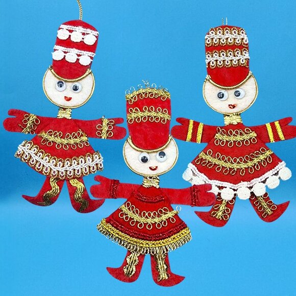 Vintage Red Felt Toy Soldier Ornaments w/ Googly Eyes & Gold Trim 1960s v1 - Picture 2 of 11